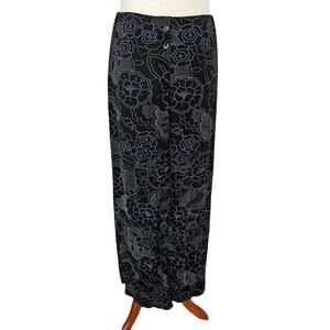 Black Floral Maxi Skirt Stretchy Slinky Elastic Textured Vintage 90s Small 6